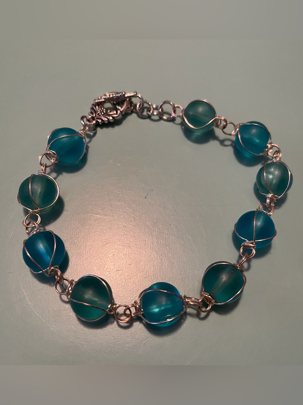 Silver Wire Wrapped Teal Bead Bracelet